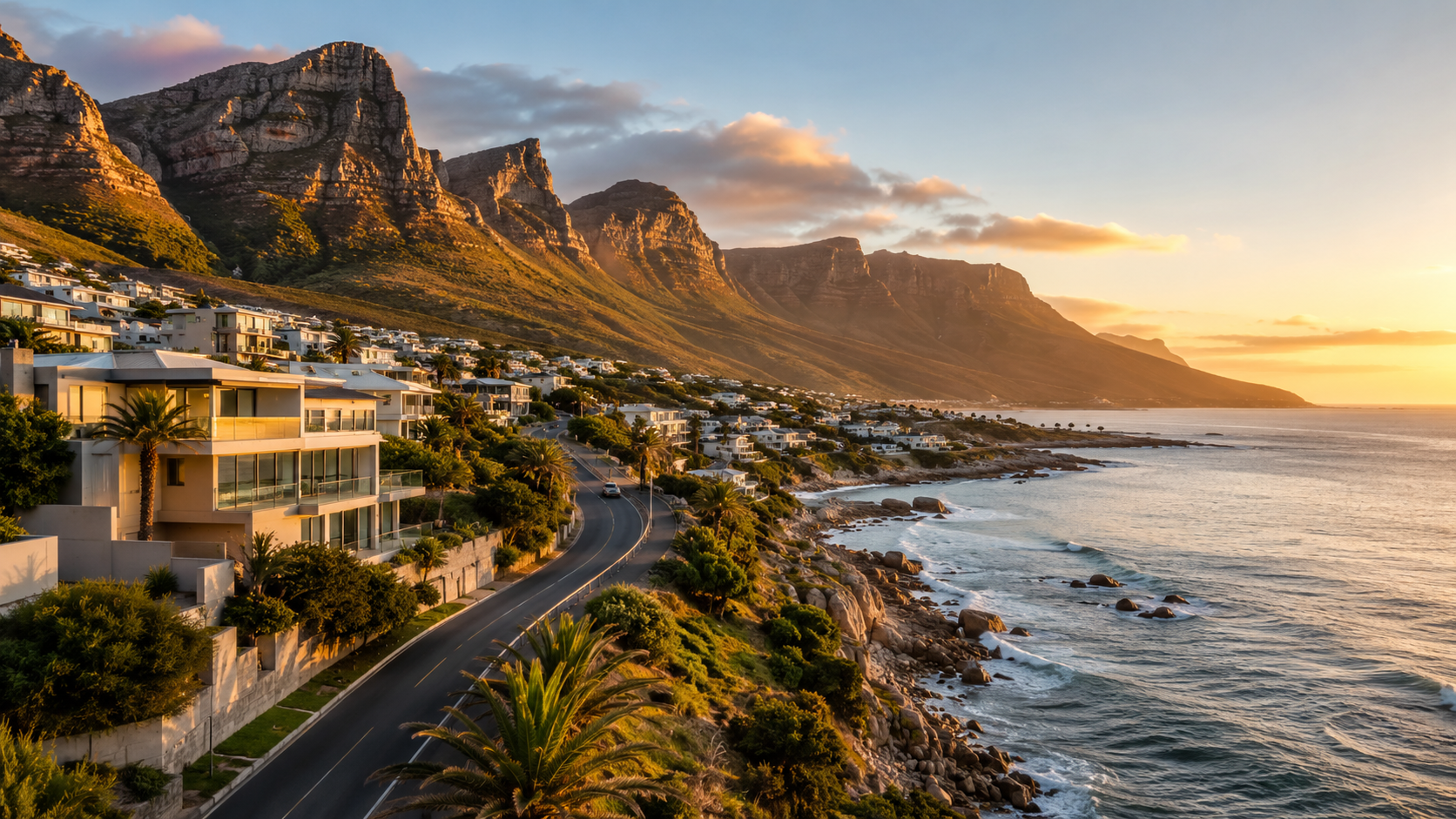 A clifftop villa above the Atlantic Seaboard at golden hour